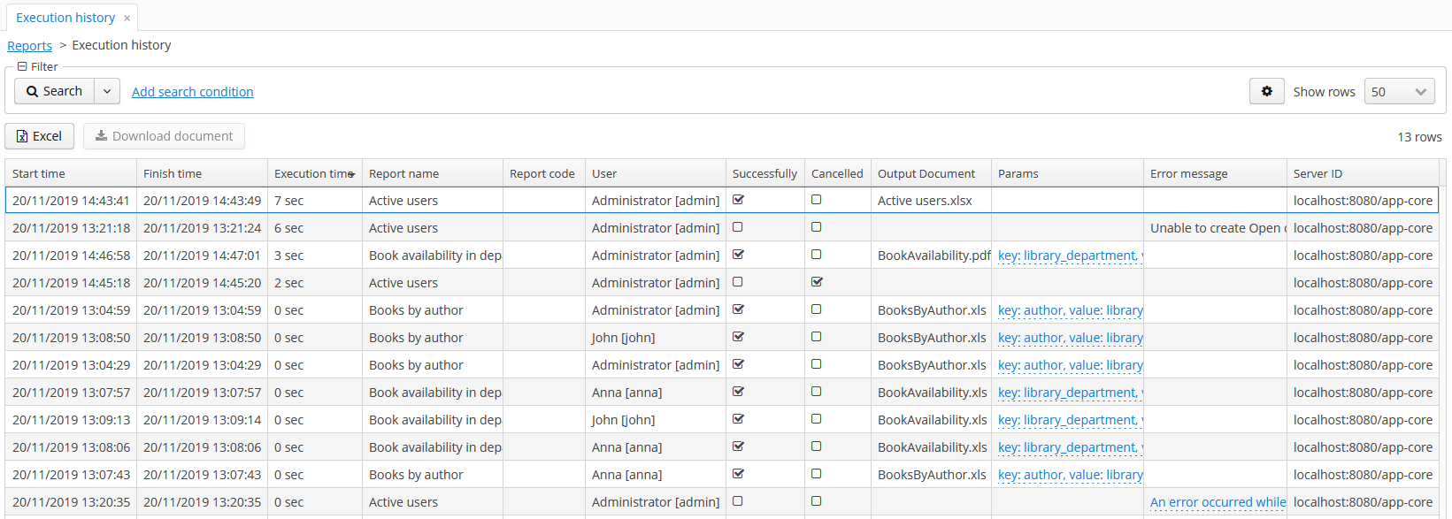 report execution history