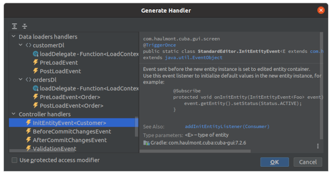 generate handler dialog