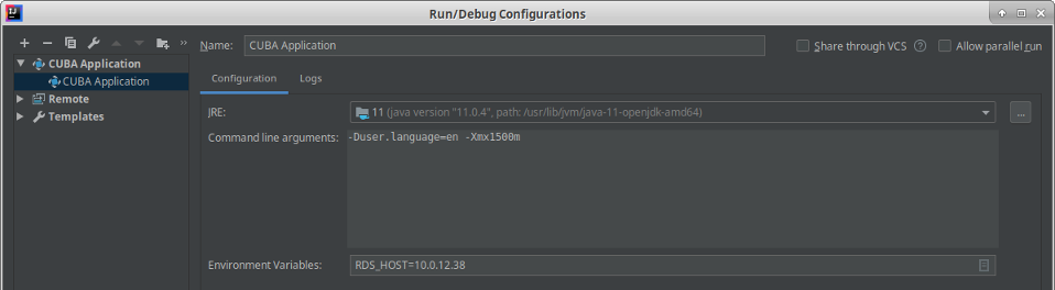 run configuration settings