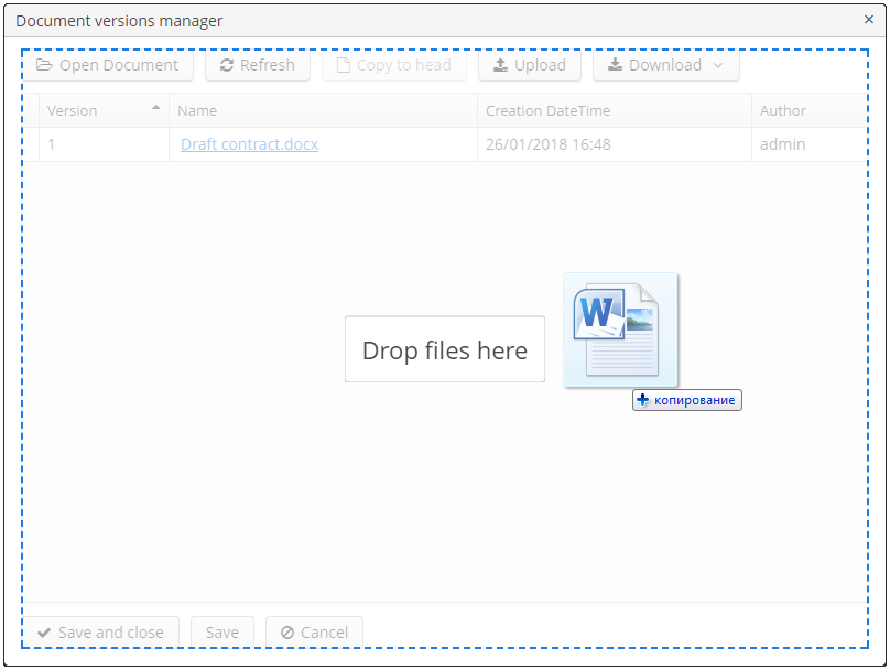 document versions window drag and drop